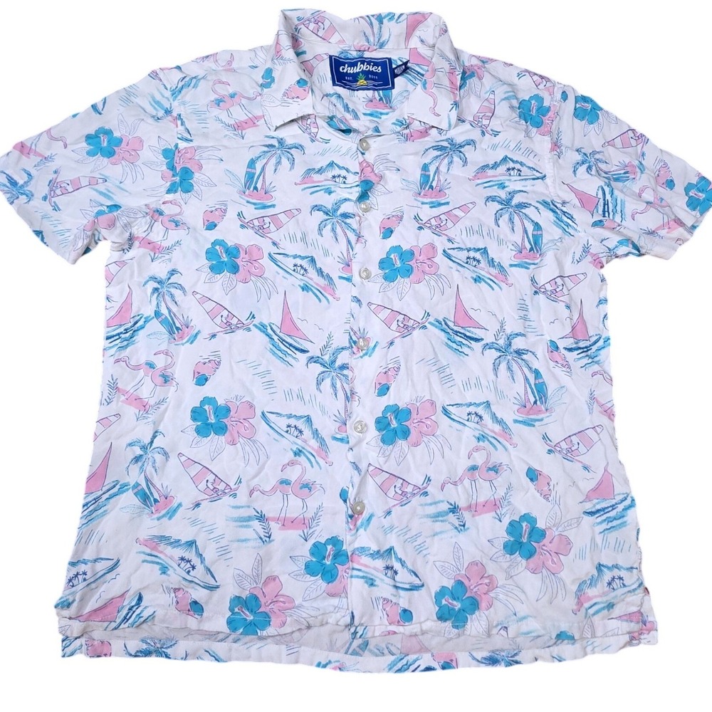 Chubbies Mens Tropical Flamingo‎ Sailboat Rayon Button Down Shirt White Medium